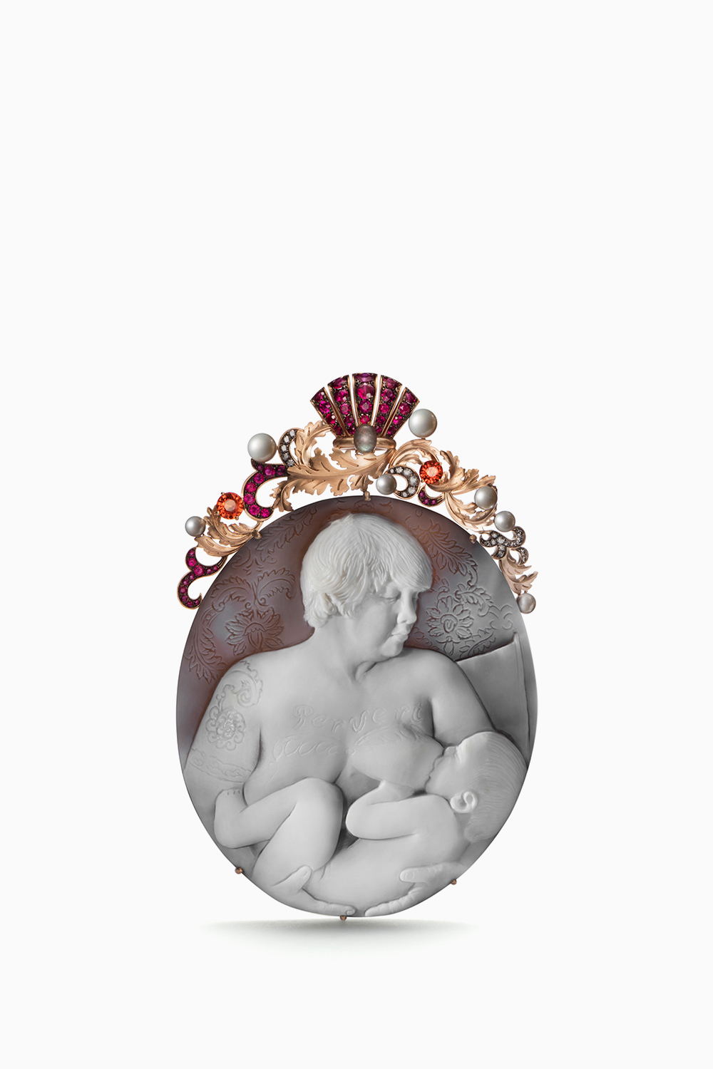 Catherine Opie cameo brooch on white background