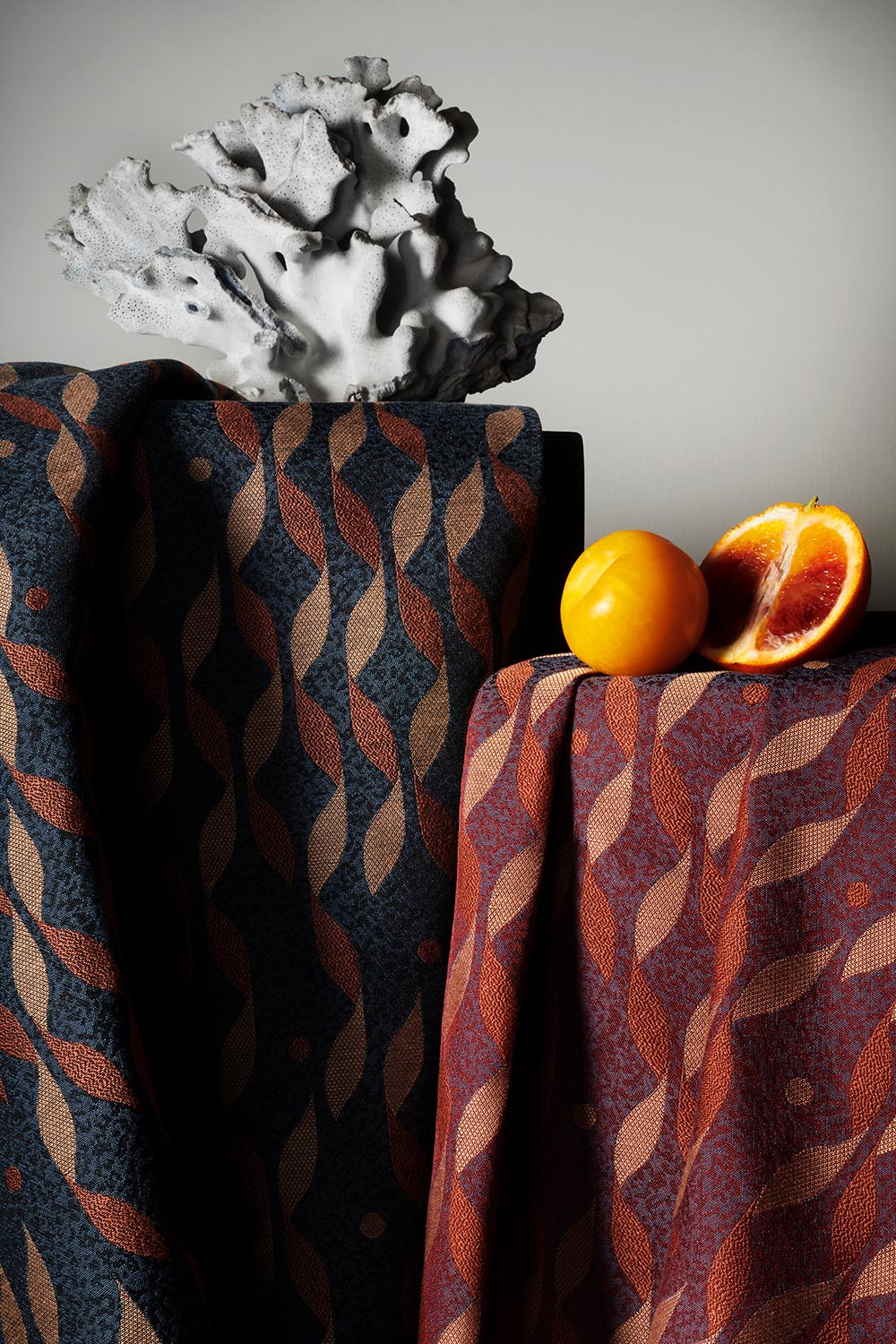 talia fabric composition with blue coral and oranges