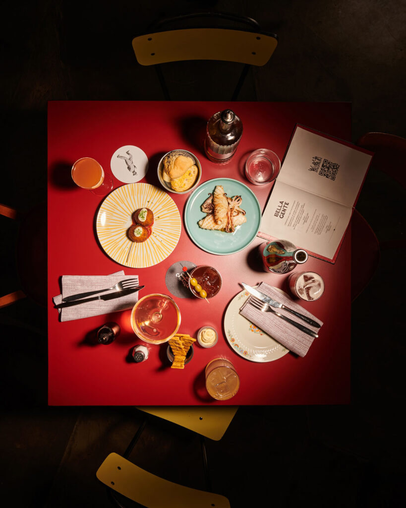 Food and cocktails on table